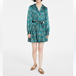 On 34th Green Floral Satin Collard Long Sleeve Wrap Dress